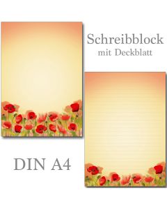 SONDERPOSTEN - Schönheitsfehler Deckblatt - 1 Schreibblock Mohnblumen DIN A4  25 Blatt mit Deckblatt