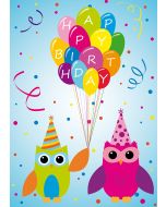 Postkarte zwei Eulen "Happy Birthday" mit Luftballons